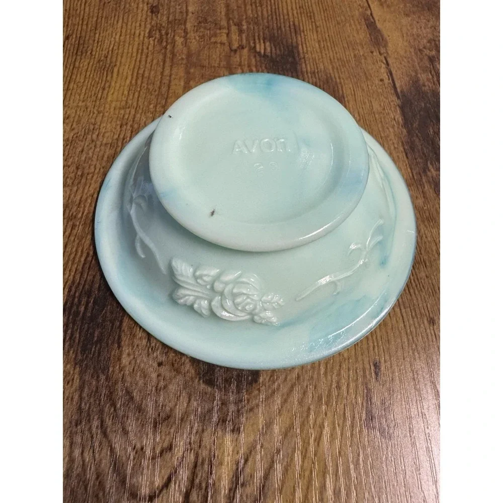 Vintage 70's Avon Aqua Milk Glass Vanity Bowl Floral Trinket Tray Jewelry Dish